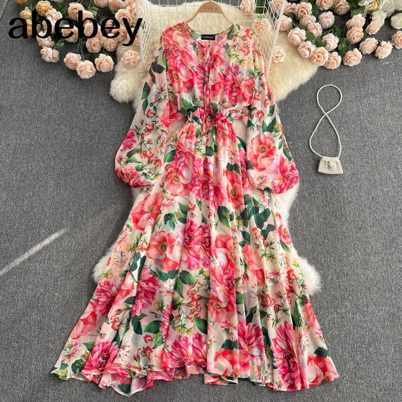 

Casual Dresses Women Chiffon Print Maxi Dress French Elegant Puff Sleeve O Neck A-line Summer Boho Holiday Long Sundress, Pink