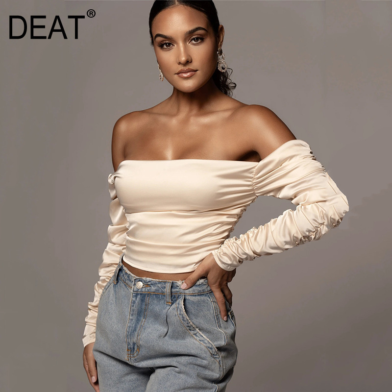 

Spring Arrivals Solid Long Sleeve Square Collar Open Back T-shirt Sexy Pleated High Elastic Top MZ292 210525, Brown