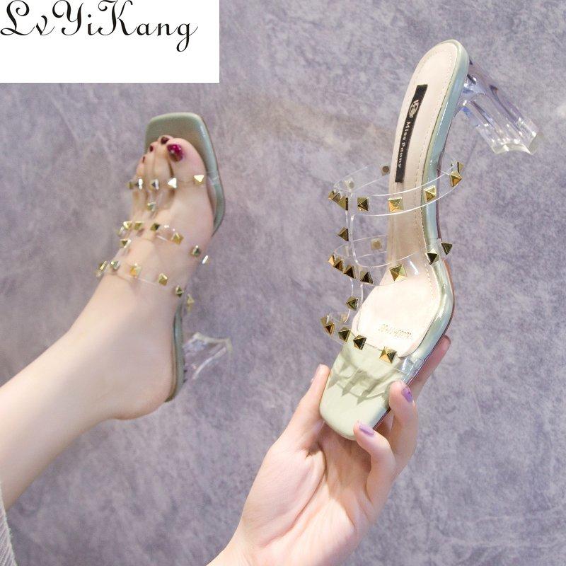 

Summer Woman Shoes Sexy Rhinestone 2021 Fashion High Heels Comfortable Walking Square Heel Outer Wear Sandals, Black