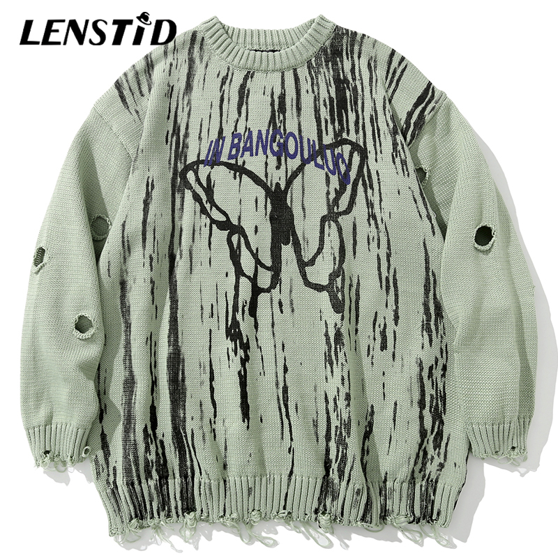 

lenstid men hip hop knitted jumper sweaters butterfly ink graffiti streetwear harajuku autumn oversized hipster casual pullovers, Black