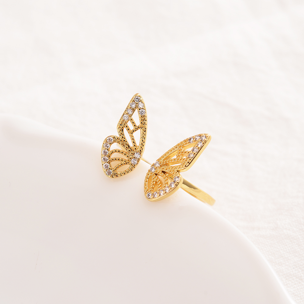Fashion Trend Rings With Side Stones Solid Fine 9kt CZ THAI BAHT G/F Gold Jewelry Adjustable high-grade Inlaid Butterfly Ring Luxury Shiny-image-699463677