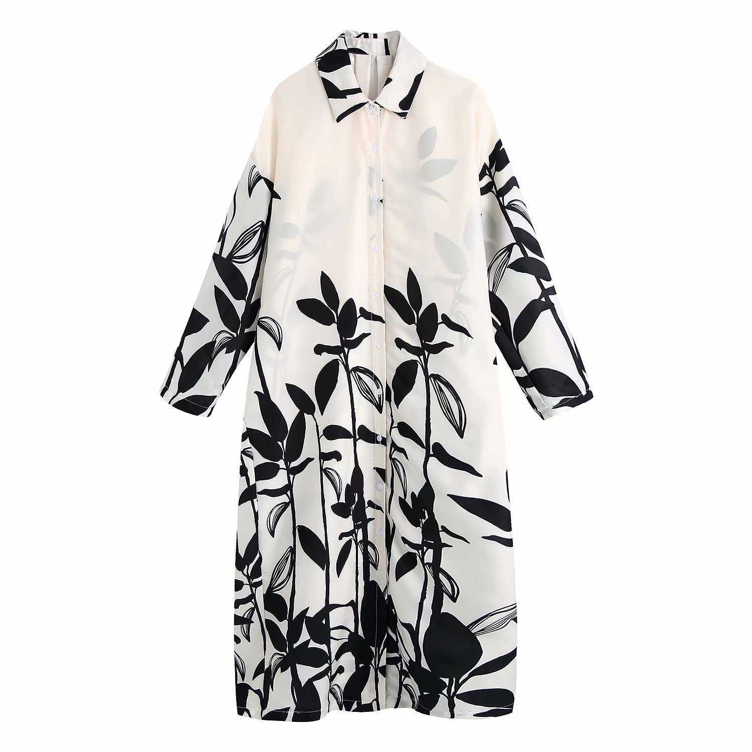 

Women Printed Loose Dress Long Sleeves elegant Casual Fashion Chic Lady Woman Summer Midi Dress 210709, As picture