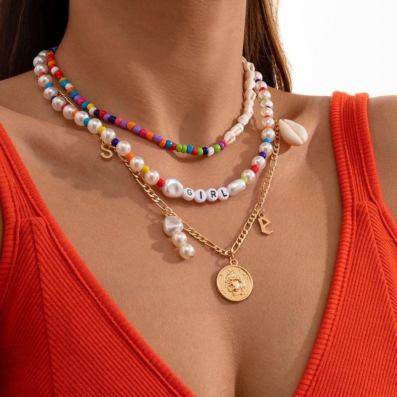 

Chokers Boho Baroque Pearl Coin Pendant Choker Necklace Multilayer Natural Shell Girl Letter Tassel Beaded Chain Women Jewelry