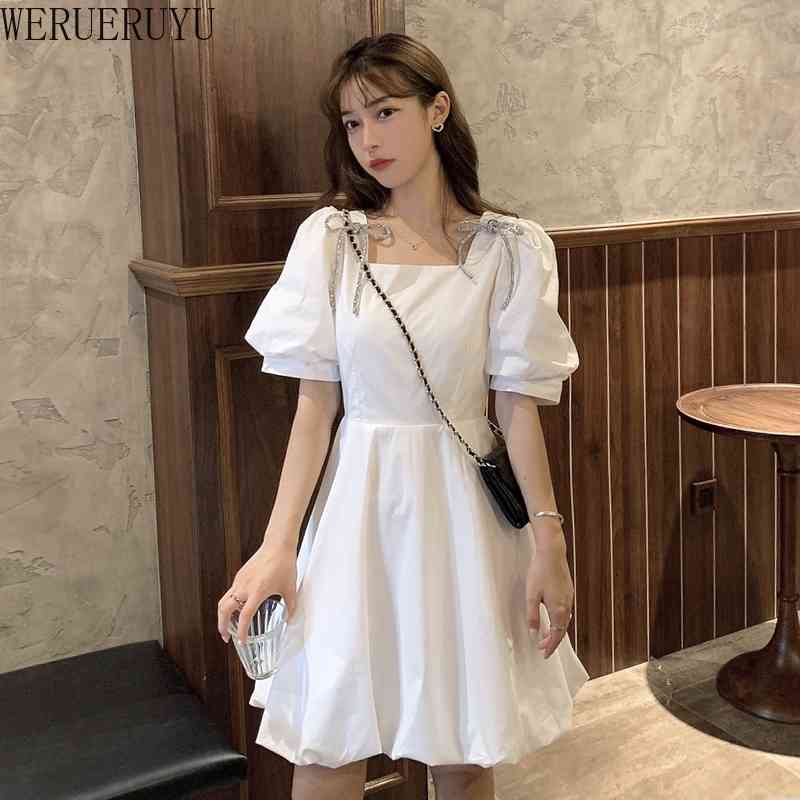 

WERUERUYU Dress Women Sexy Square Collar V Neck Puff Sleeve Ladies Summer Elegant Slim Waist Female Dresses 210608, Photo color
