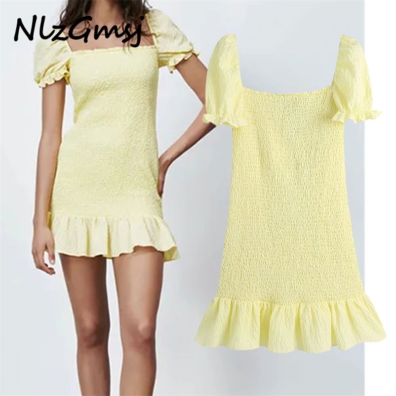 

Dres dresses Australia Green Solid Short Sleeve Vintage Ruffles Elastic vestido party dress 03 210628, As picture