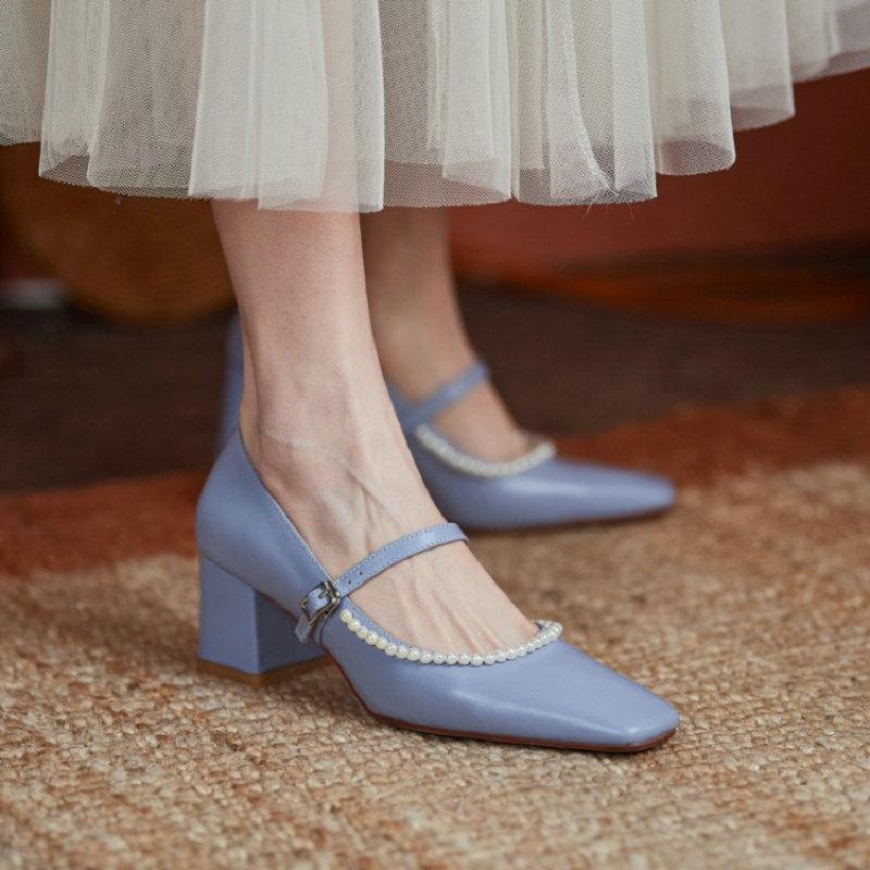 

Sianie Tianie Natural Genuine Cow Leather Blue Red Wedding Bride Shoes Elegant Ladies Office Pumps With Pearls Mary Janes Heels Dress, Beige