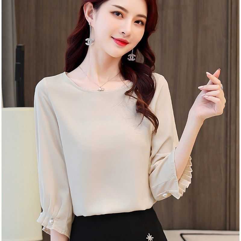 

Fashion Women Spring Summer Style Chiffon Blouses Elegant Half Sleeve O-Neck Loose Shirt High Quality Tops DF3663 210609, Beige