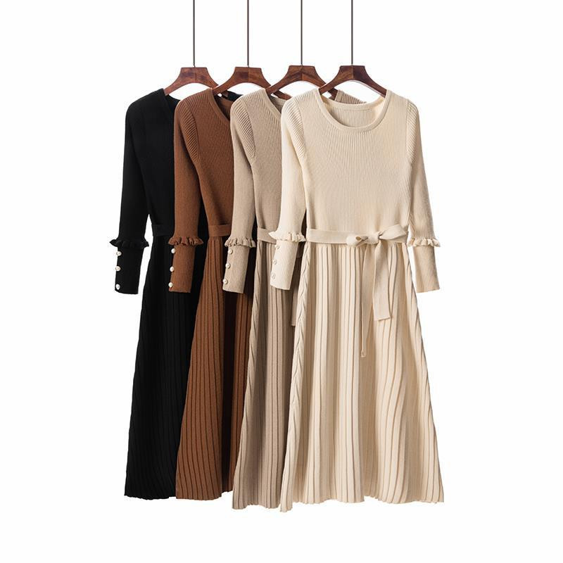 

Quality Autumn Official Lady Temperament Women Casual Knitted Long Sleeve O-Neck Pleated Pearl Dress Female For Fashion 210520, Beige