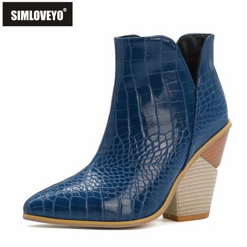 

Boots SIMLOVEYO 2021 Lady Novelty Alligator Texture Pointed Toe Slip On 10CM Strange Block Heel US16 17 Black Yellow Blue A4429
