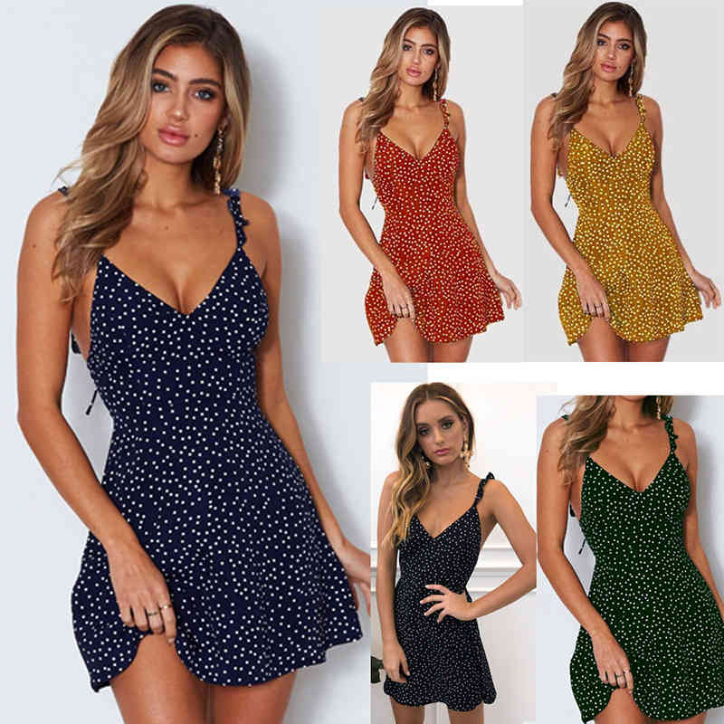 Women&#039;s Swimwear Backless Beach Summer Polka Dot Slim V Neck Sleeveless Short Sun Women Bohemian Sexy Yellow Pareo Female XMB8-image-699326041
