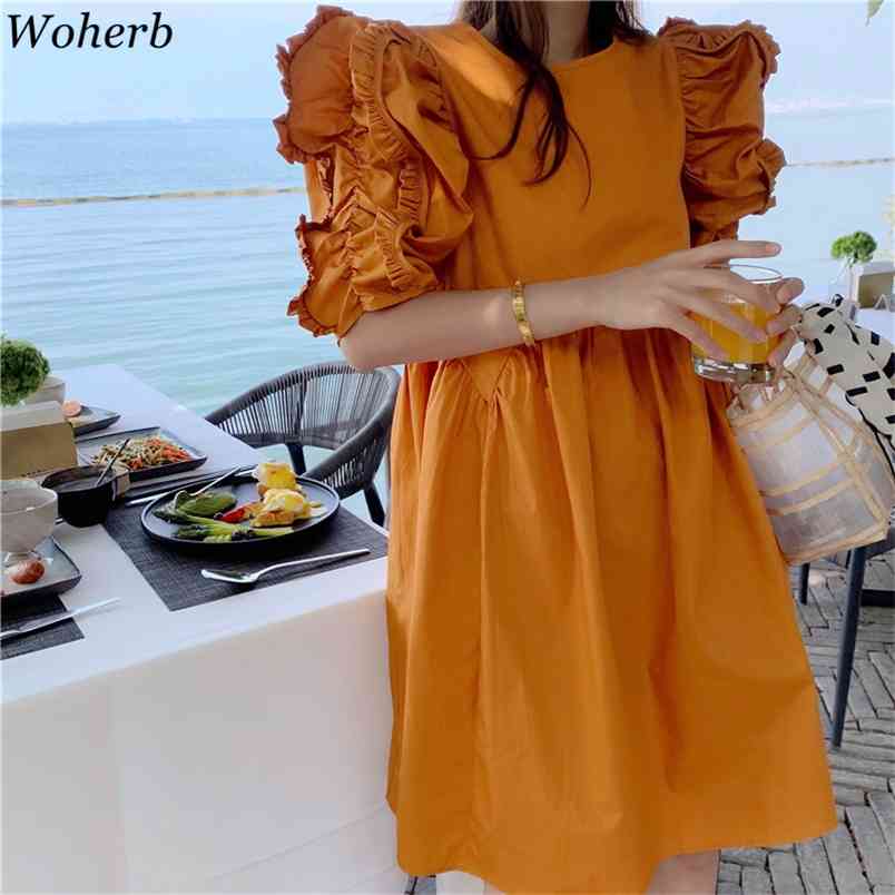 

Women Dress Puff Sleeve Pleated Ruffle Robe Summer Temperament O Neck Loose Vestidos Korean Fashion Elegant Dresses 210519, Orange