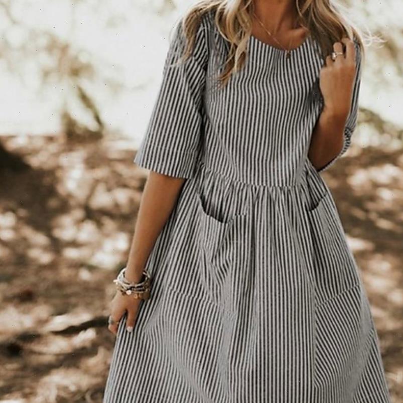 

Casual Women Dress A Line Beach Plus Size Striped Empire Womens Summer Sundress Loose O Neck Half Sleeve Baggy Dresses, Black;gray