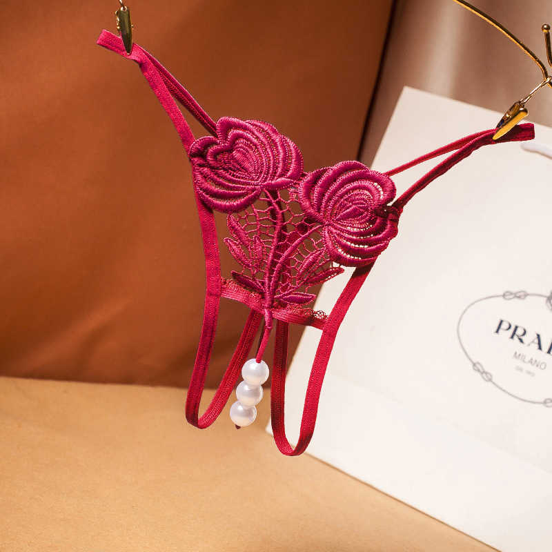 Sexy Briefs Panties Women&#039;s Hollow Out Embroidery Open Crotch Pearl Massage Thong Tpants Temptation Game 2226-image-702863476