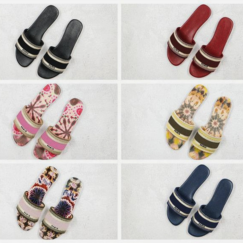 

Fashion Designer Paris Beach Slide Scuffs Womens Slippers Summer Sandals Ladies Flip Flops Sexy Multicolors Embroidered Floral Shoes with shoe box, 36