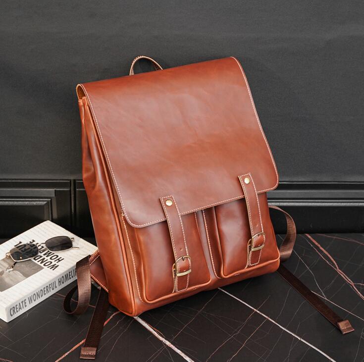 

Factory wholesale men bag college belt decoration student shoulder bags retro crazy horse leather backpacks outdoor travel flip leathers leisure handbags, Brown