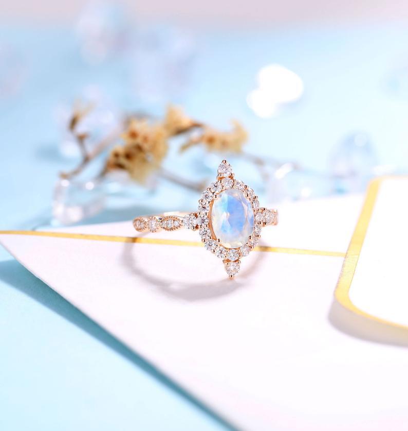 

Cluster Rings Vantage Moonstone Engagement Ring 14K Rose Gold And Moissanite For Women Wedding