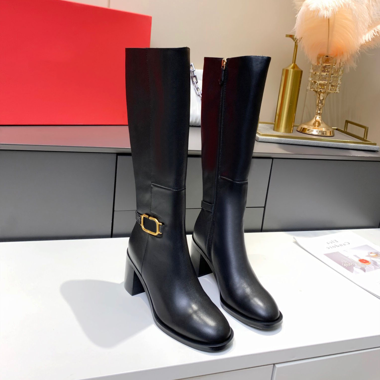 

Fashion leisure women 6.5cm high heel knee boots fashion autumn winter rivet platform ankle bootss top ladies thick bottom warm half boo