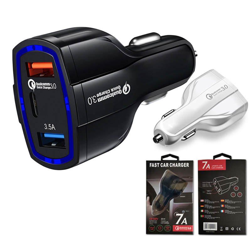 

3.5A USB QC3.0 PD Type-C 3 Ports Car Charger Fast Charging Vehicle Adapter with Retail Package for iPhone Xiaomi Samsung Universal Quick Chargers