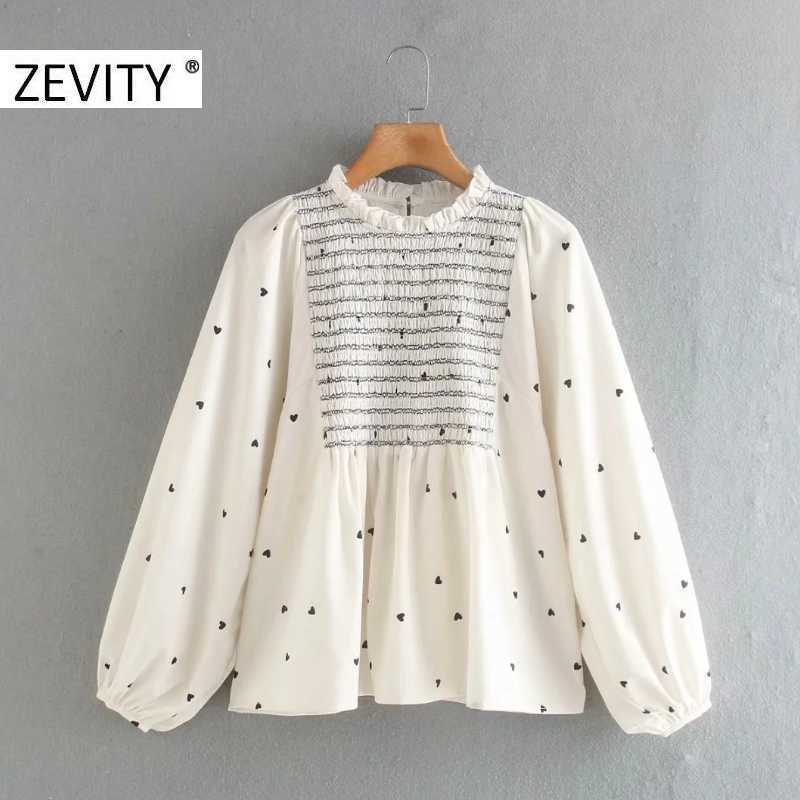 

Zevity Women Sweet Agaric Lace Hearts Print Elastic Smock Blouse Office Ladies Lantern Sleeve Shirts Chic Blusas Tops LS7272 210603, As pic ls7272ld