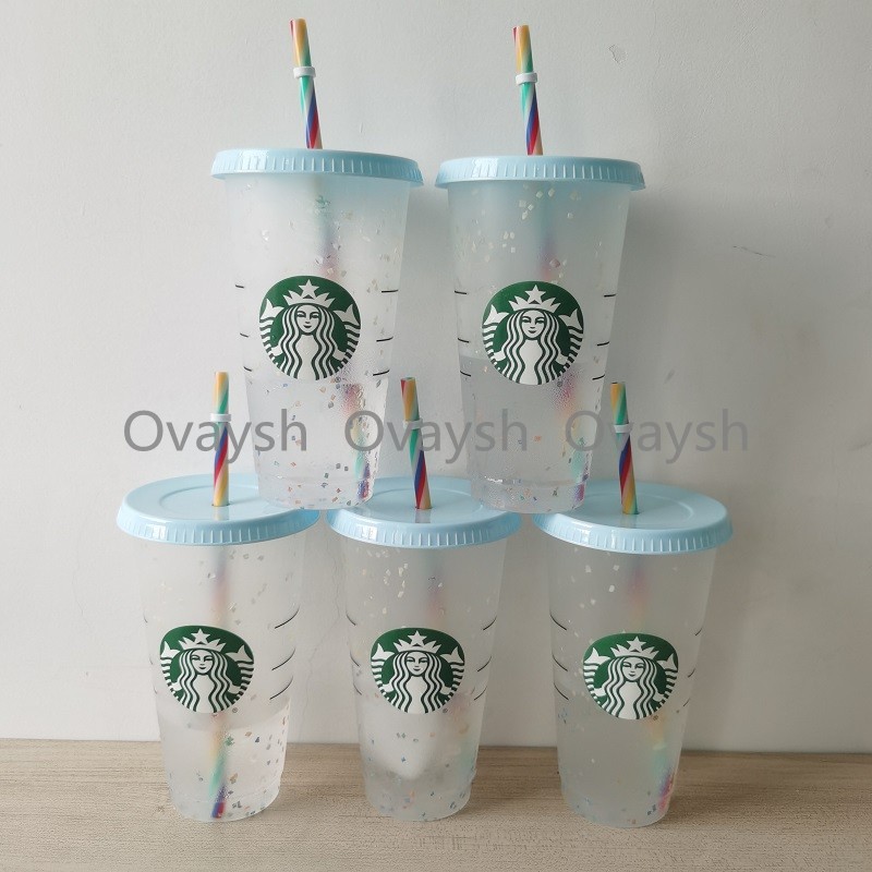 

24OZ/710ml Starbucks Rainbow Plastic Tumbler Reusable Clear Drinking Flat Bottom Cup Pillar Shape Lid Straw Mug Bardian, Customize