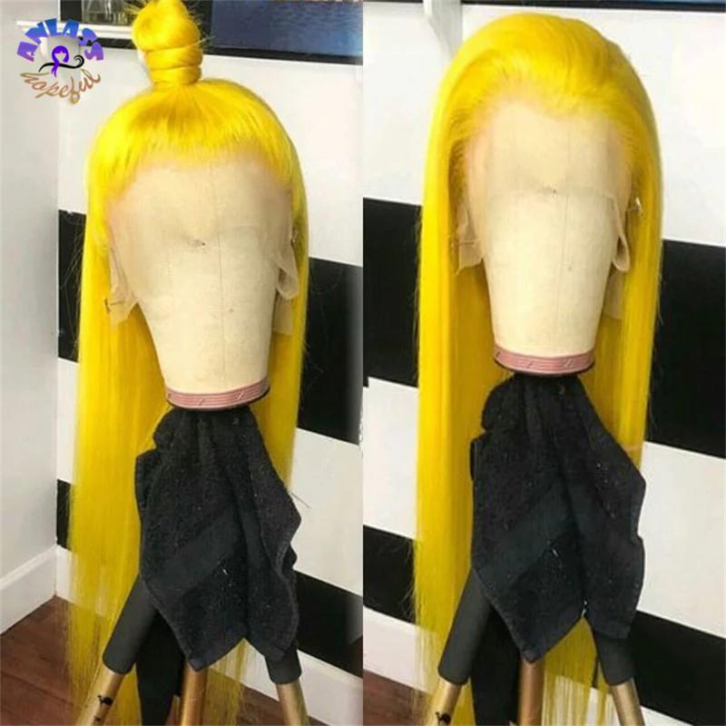 

Synthetic Wigs Straight Yellow Colored Lace Front Wig For Black Women 13x4 Frontal With Baby Hair Daily Use /Cosplay, As pic