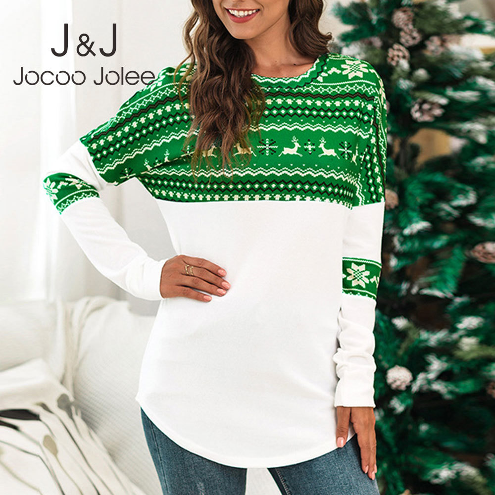 

Elk Christmas Printed Women T-Shirt Long Sleeve O-Neck Female Top Shirt Lady Clothes Holiday Casual Blouse Festival Outwear 210518, As photo