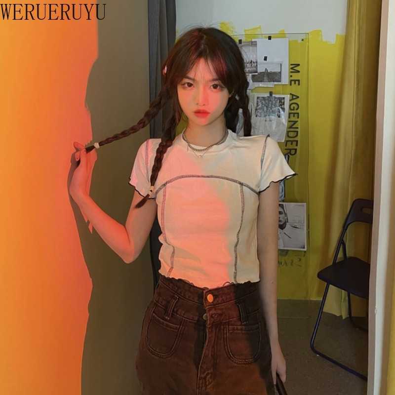 

WERUERUYU O neck Short sleeve T-shirt Woman Slim Fit t shirt tight tee Summer Retro Tops 3 colors 210608, Photo color