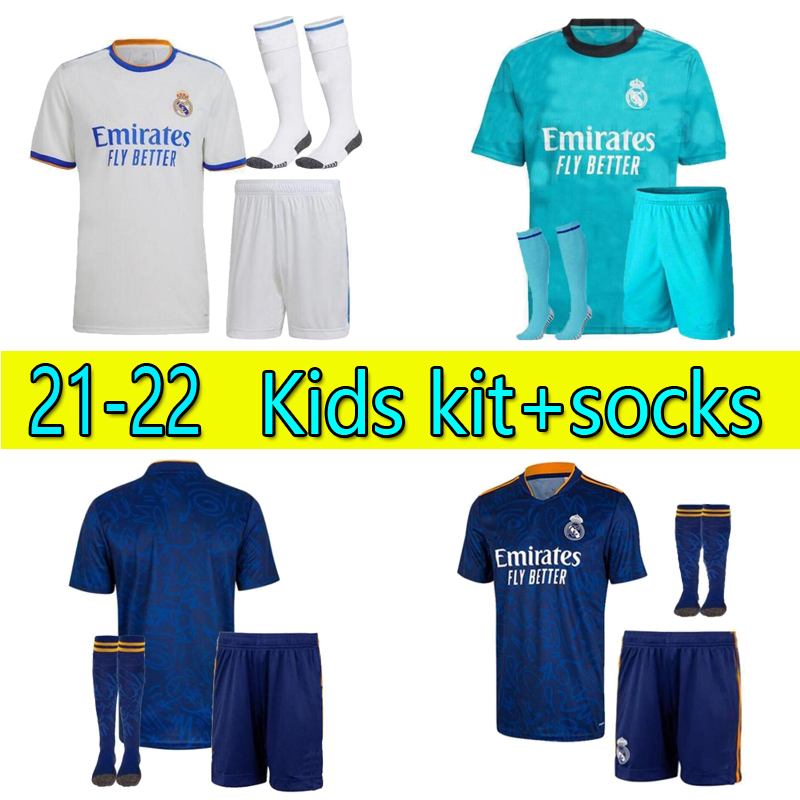 

Kids kit+socks REAL MADRID MBAPPE soccer jerseys 21  BENZEMA football shirt 2021 2022 ALABA HAZARD ASENSIO MODRIC MARCELO camiseta youth maillot de football shirt
