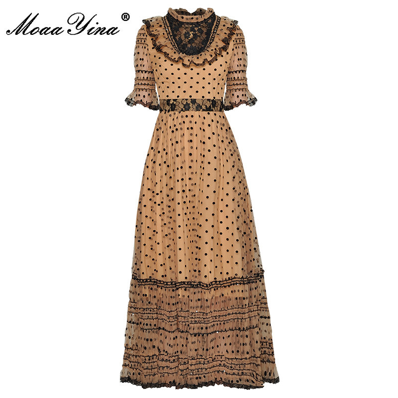 

Fashion Designer dress Summer Women's Dress Stand Collar Patchwork Ruffles Polka Dot Elegant Dresses 210524, Blue