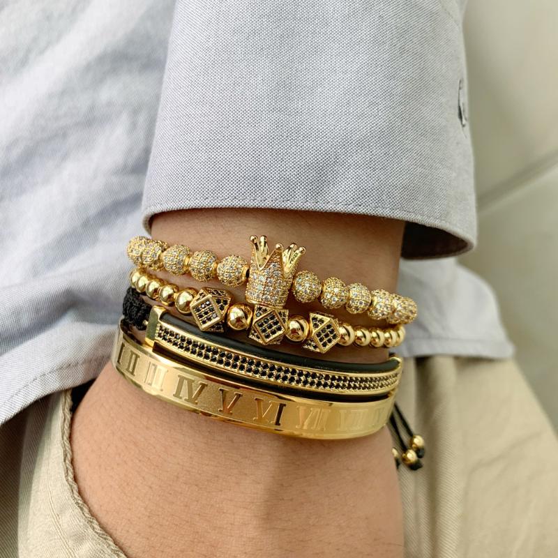 

Charm Bracelets 3pcs/set Gold Luxury CZ Crown Beads Bracelet Stacks Handmade Macrame Men & Bangles For Jewelry Accessories