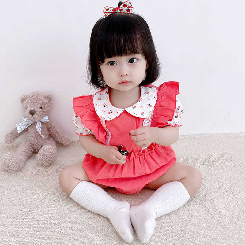 

Baby Girl Lace Floral Romper born Korean Style Onesie Toddler Girls Bodysuit Infant Half Birthday Rompers 210615, Orange