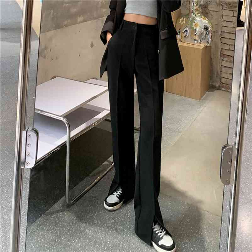 

Split High Waist Women's Straight Long Trousers Wide Leg Solid Slim Suit Pants Female Fashion Spring Loose Casual Ladies 210518, Black