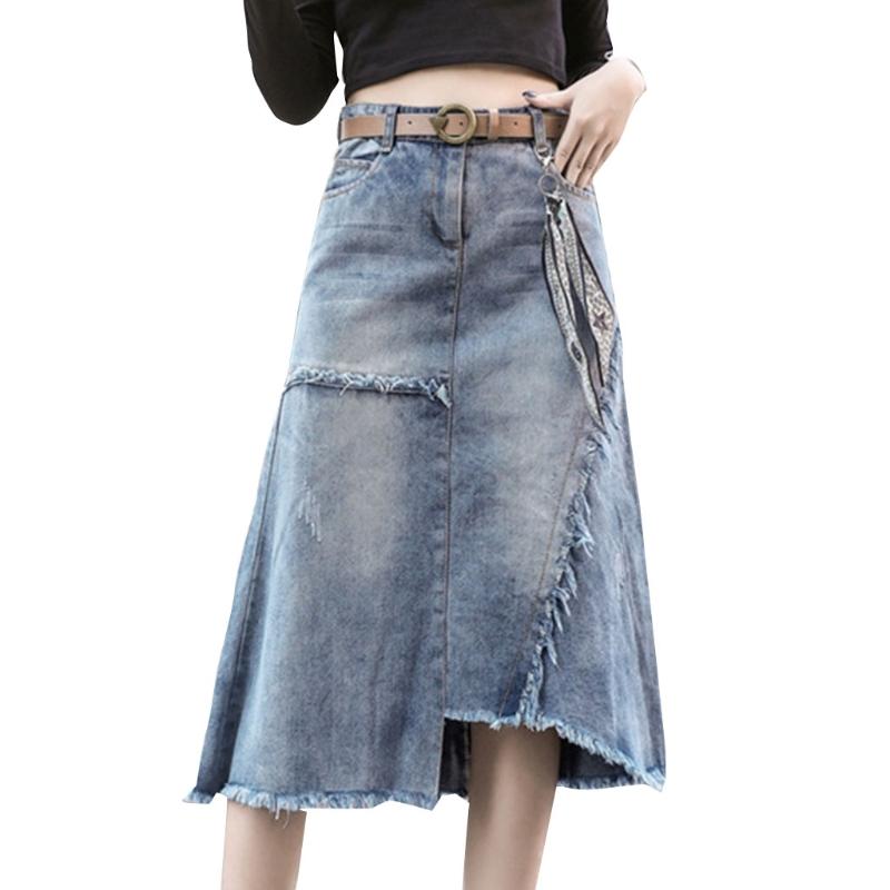 

Women Fringe Frayed Midi Long Denim Jean Skirt High Waist Irregular Asymmetrical Hem Button Front A-Line Casual Loose Streetwear Skirts, As picture shown