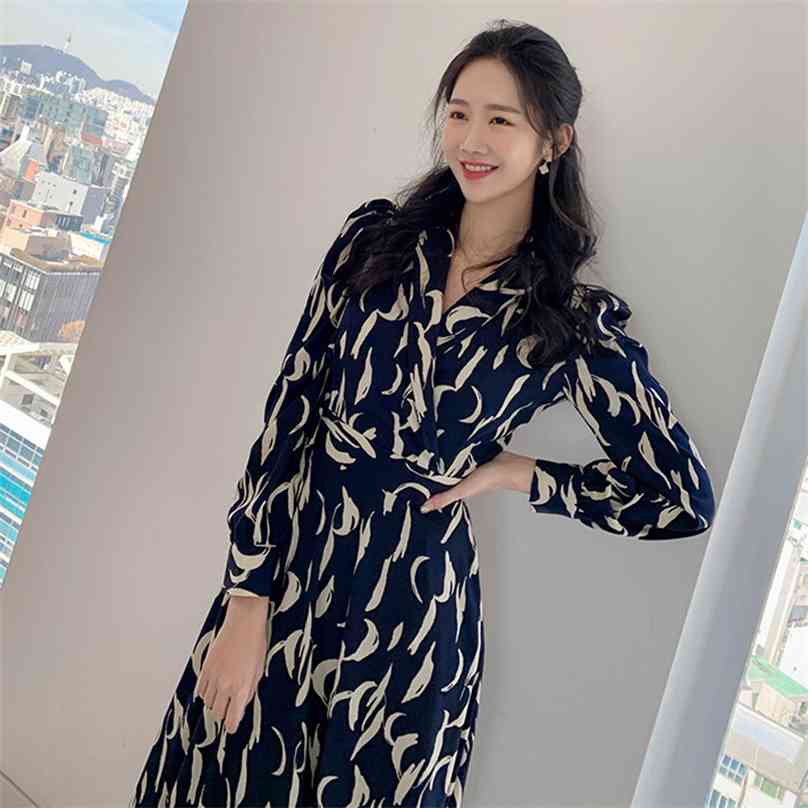 

Autumn outfit han edition temperament suit collar posed dress female waist fashion printing 210602, The picture color