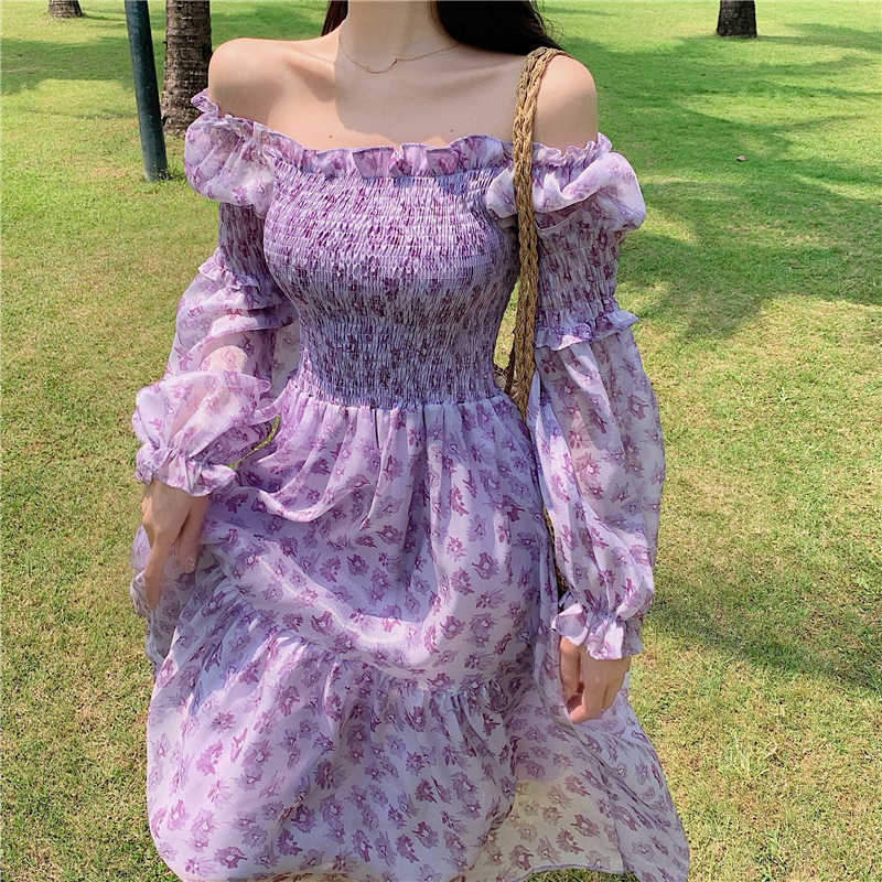 

French Summer Sweet Floral Party Dress Women Elegant Sexy Slash Neck Bohemia Puff Long Sleeve Beach Midi Female 210526, Purple
