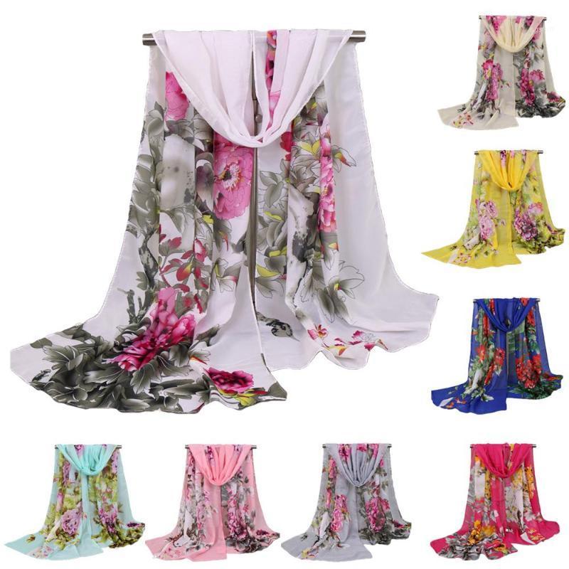 

Scarves Woman Flower Print Long Chiffon Shawl Female Comfortable Scarf Spring Summer Stole Pashmina Wrap Fashion, Blue;gray