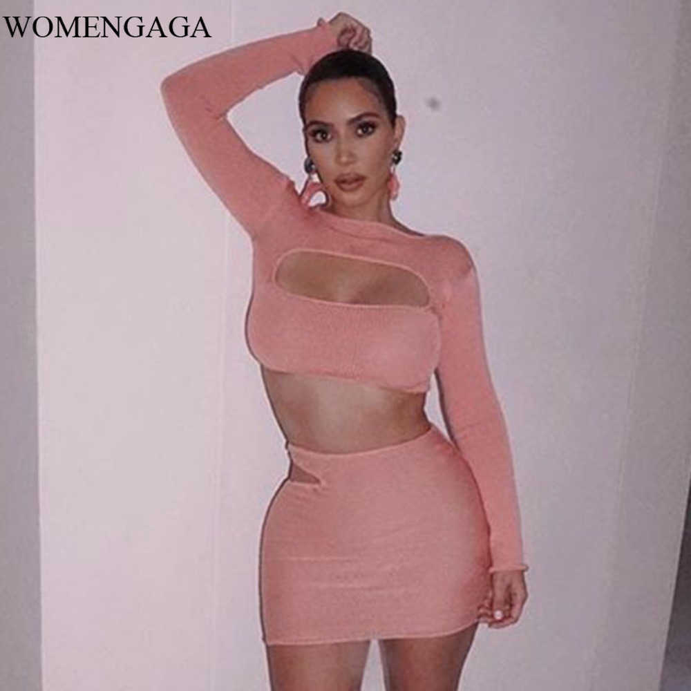

WOMENGAGA Women's Summer Two-piece Sexy Hollow-out Skirt + Tight Full Sleeve Top Irregular T Shirt P2IQ 210603, Pink