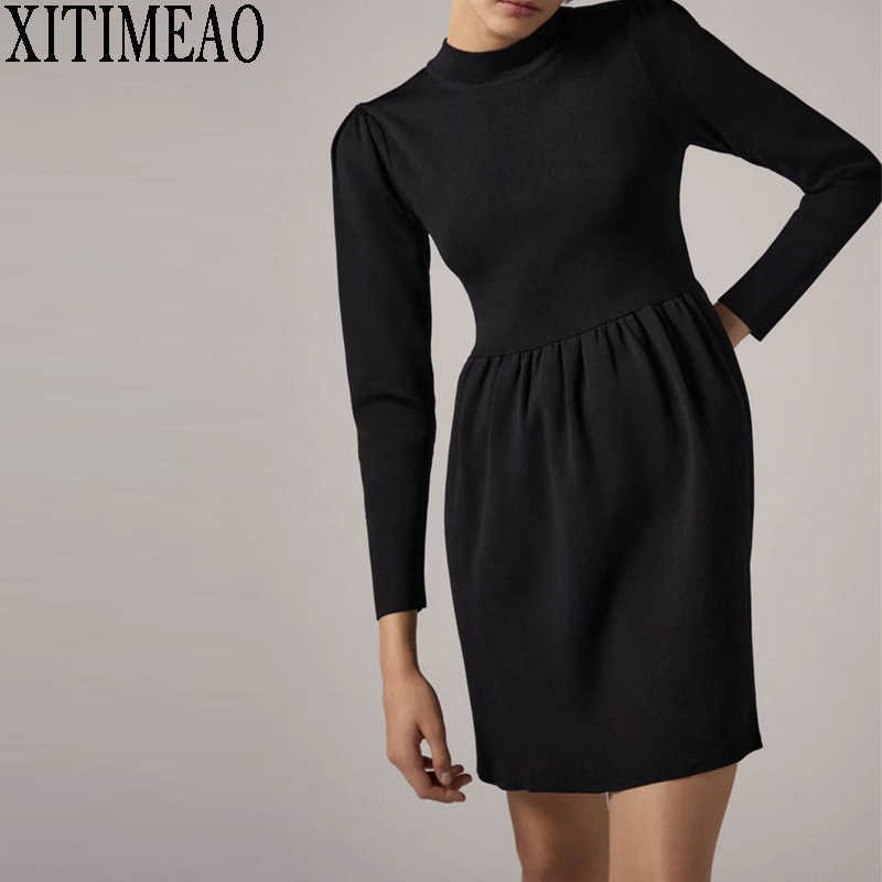 

ZA Women Long Sleevs Jersey Dress Sexy Temperament O Neck A-line Skirt Solid Color High Waist Mini 210604, Black