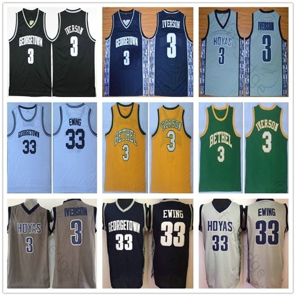 

NCAA Georgetown Hoyas Allen #3 Iverson Jersey Bethel High School Mens Vintage Stitched Patrick 33 Ewing College Basketball Jerseys Mix Order, Black