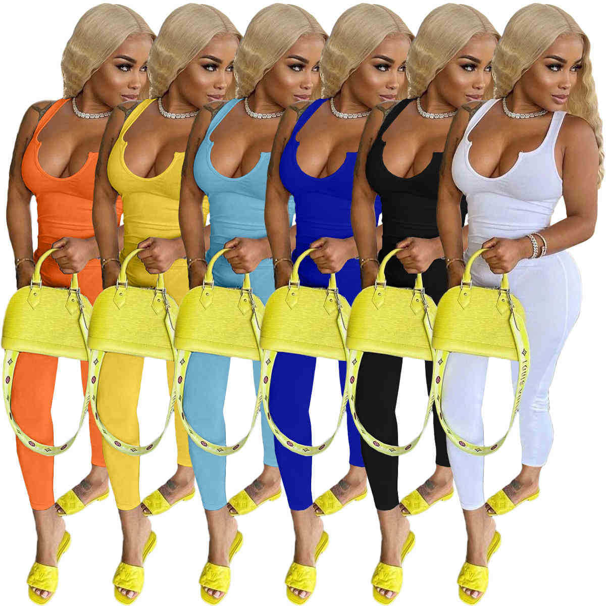 

Women Jumpsuits 2022 Summer Fashion Sexy Deep V-neck Super Elastic Small Pit Strip Suspender Vest Trousers Solid Color Plus Size Rompers, Yellow