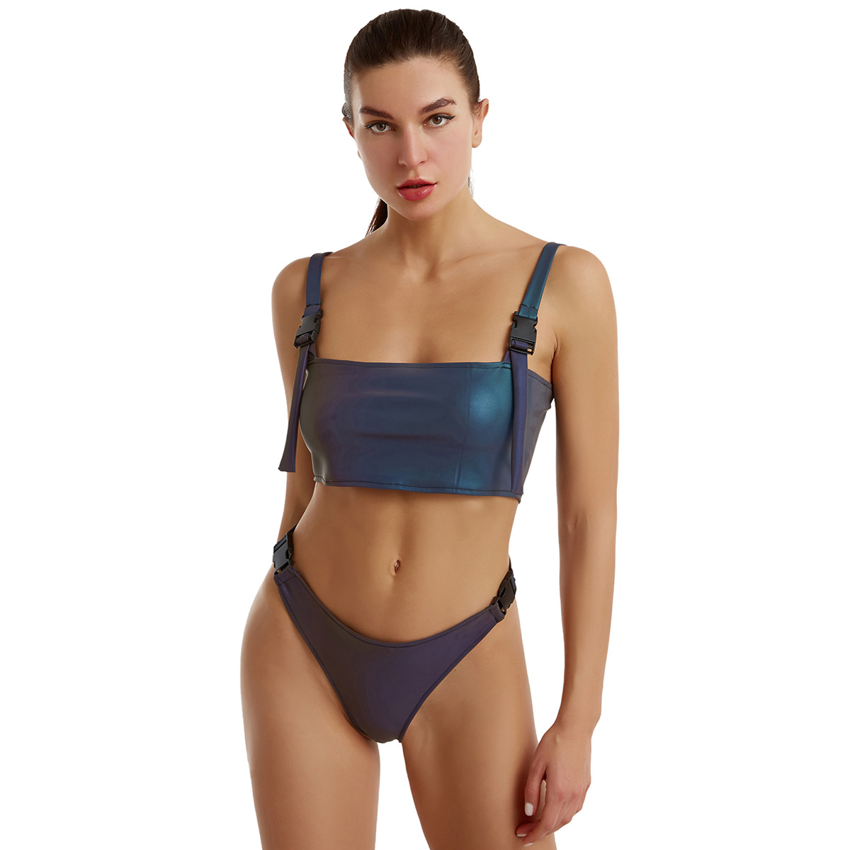 

Reflective crop top and shorts bikini set hi vis Swimwear rainbow elastic soft women two piece reflect bikinis, Gray