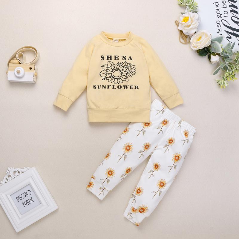 

Clothing Sets Pudcoco Born Baby Girl Clothes Autumn Long Sleeve Round Neck Elastic Head Sunflower Printed Pants Outfits, White