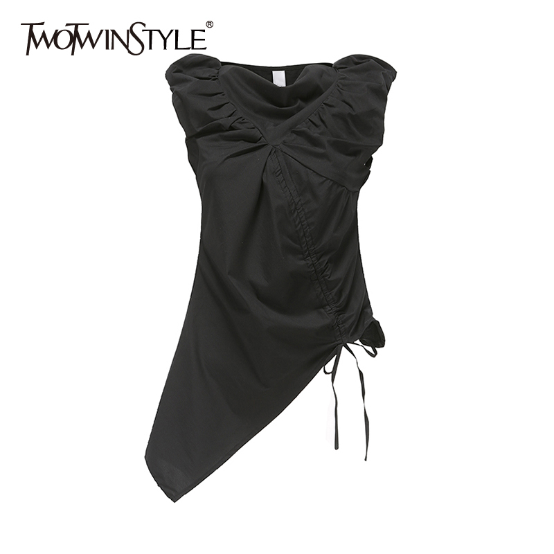 

Patchwork Black Casual Vest For Women V Neck Sleeveless Ruched Asymmetrical Vests Female Summer Clothing Style 210524