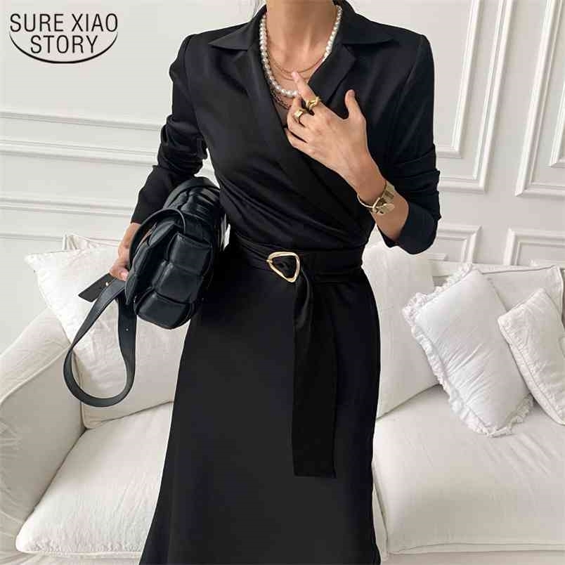 

Glossy Suit Dresses Office Lady Elegant Black Long Dress French Style Notched Cross Lace Up High Waist Women Vestidos 12799 210428, Brown