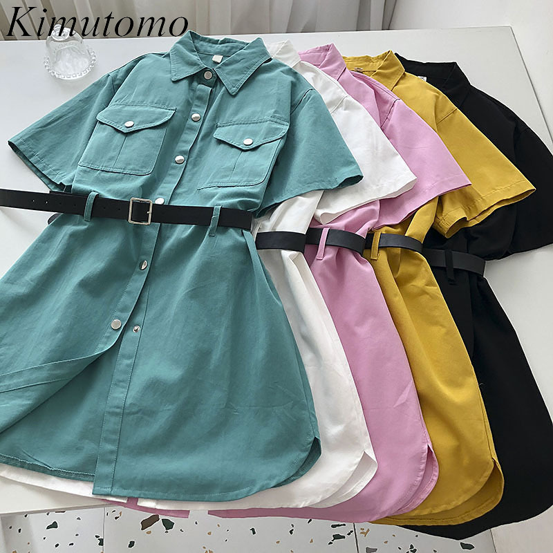 

Kimutomo Safari Style Dress Girl Summer Korean Short-sleeved Casual Turn-down Collar Breasted Solid Vestido with Belt 210521, White