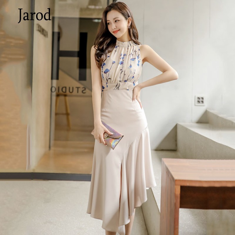 

summer Women printing Sleeveless Vest Top Bodycon High Waist Irregular Ruffles Skirt Two Piece Official Sets Sexy Suit 210518, Picture color