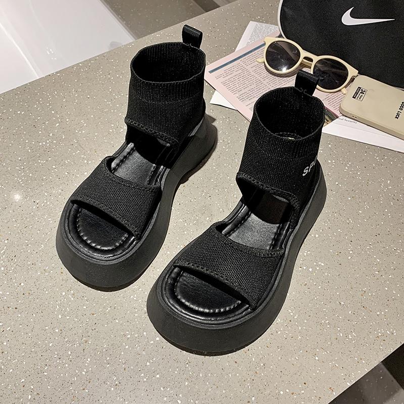 

Sandals Women 2021 Summer White Wedges Fashion Open Toe Platform Rome Female Knitted Thick Sole Short Tube Boots, Black