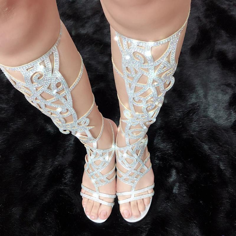 

Women Sexy Rhinestone Embellished Leather Knee High Sandals Summer Boots Roman Gladiator Thick Heels Shoes Woman, Beige