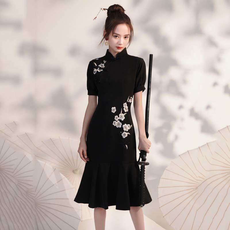 

Ethnic Clothing 2021 Cotton Modern Chinese Cheongsam Dress Vintage Lace Qipao Traditional Women Knee Oriental Prom Chipao