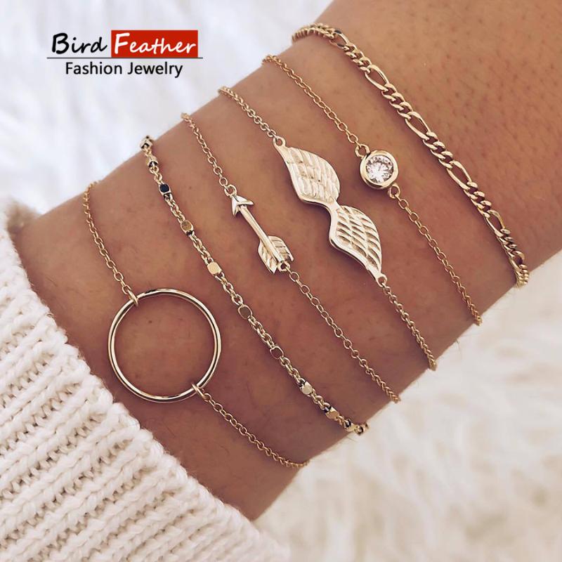 

Link, Chain Gold Color Bohemian Handmade Weave Wing Arrow Round Bracelet Sets Women 2021 Rope Bracelets Retro Jewelry Accessories, Black